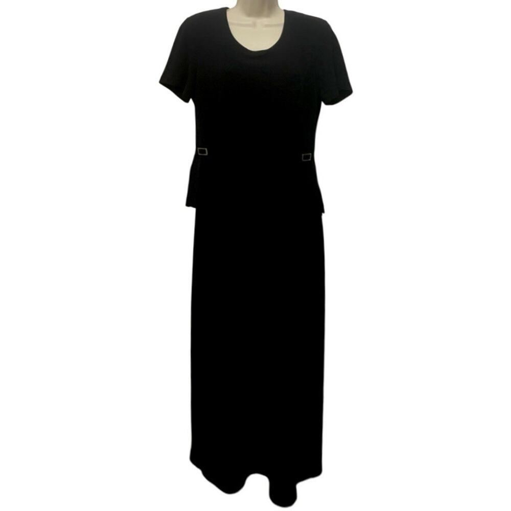 Vintage 90s Nicole Studio Black Maxi Dress Sz 12 Minimalist Short Sleeve Peplum